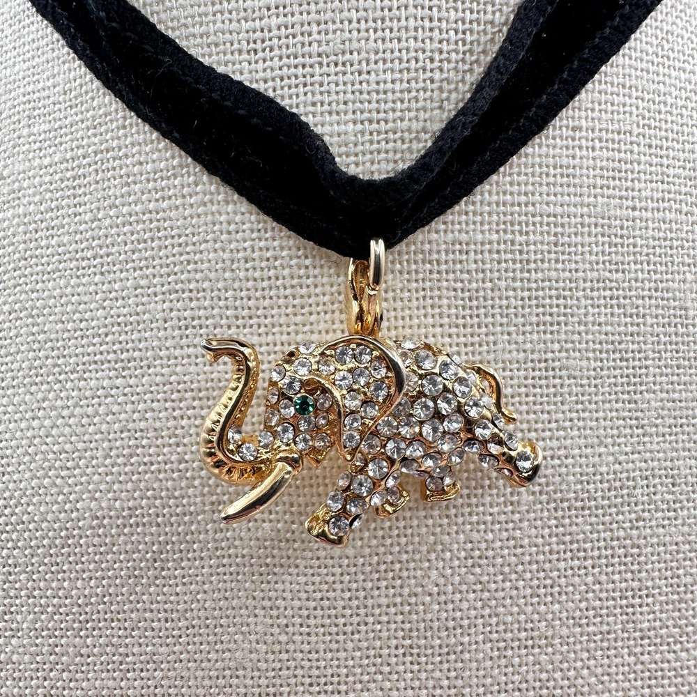 Vintage 90s Gold Tone Elephant Choker Necklace with Clear Glass & Green Eye